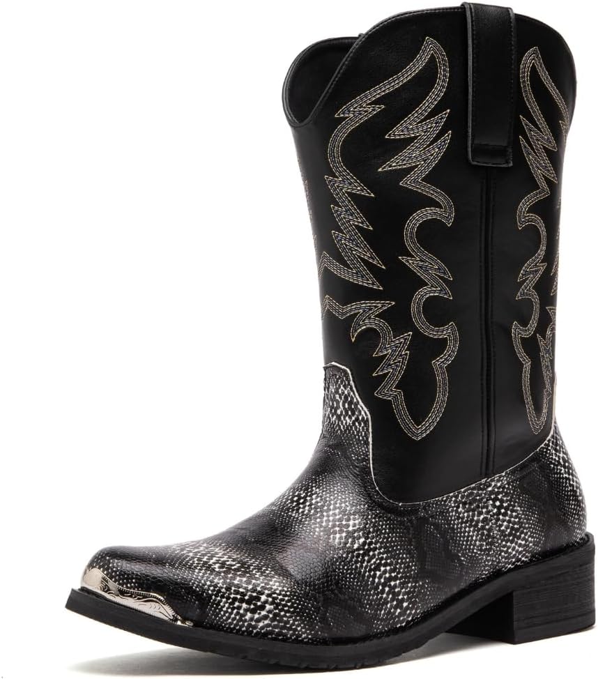 

Мужские полусапоги Hawecobo Monty с заостренным носком, на растяжке, повседневные джекбуты до середины голени, вестерн-ковбойские сапоги с принтом под змею, вышитый голенище, черный