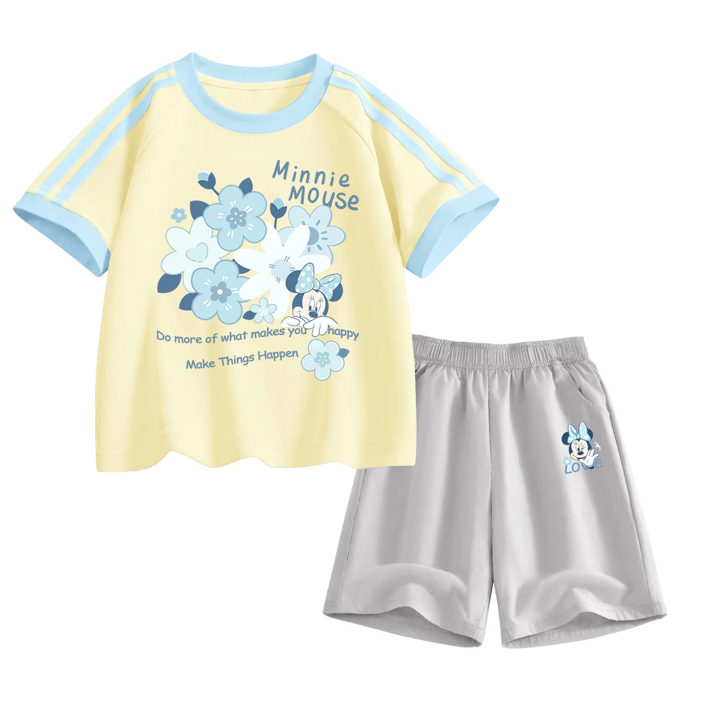 Детский спортивный костюм Disney Kids Casual Sportswear Crew Neck Thin Stretch Breathable, светло-зеленый с цветочным принтом и серый — фото 3