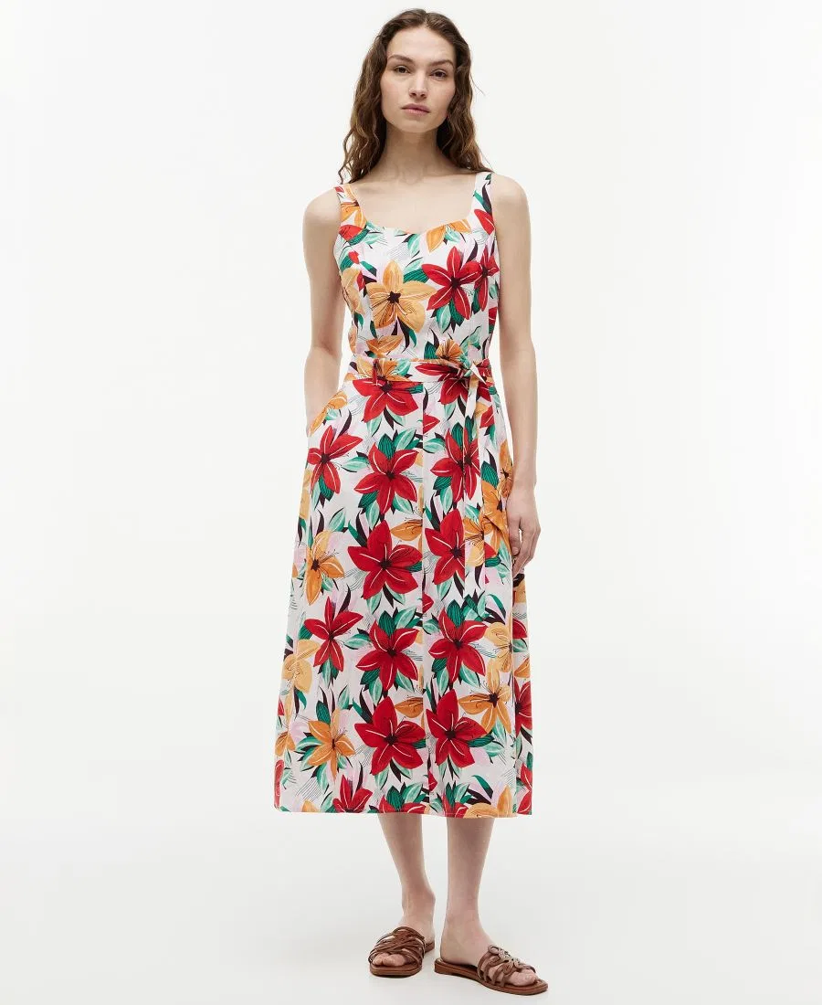 Женское платье миди с принтом и поясом Tommy Hilfiger, Hibiscus Garden Ecru