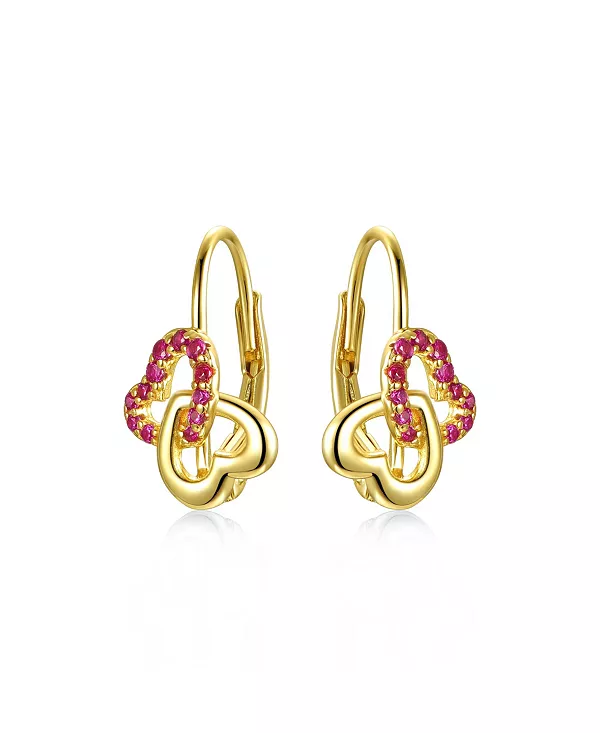 

Сияющие серьги-подвески с двойным сердечком и ореолом для детей/подростков из стерлингового серебра с покрытием из 14-каратного желтого золота и красными акцентами Genevive, ruby