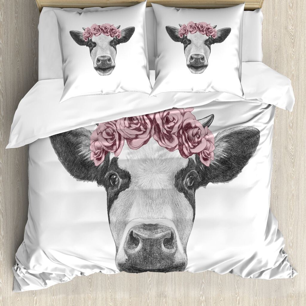 

ABAKUHAUS Комплект пододеяльников с животными с фермы для односпальных кроватей, корова с венком из роз, защита от клещей, подходит для аллергиков, с наволочкой, 155 см x 220 см - 80 x 80 см, серая роза, Серый, ABAKUHAUS Комплект пододеяльников с животным