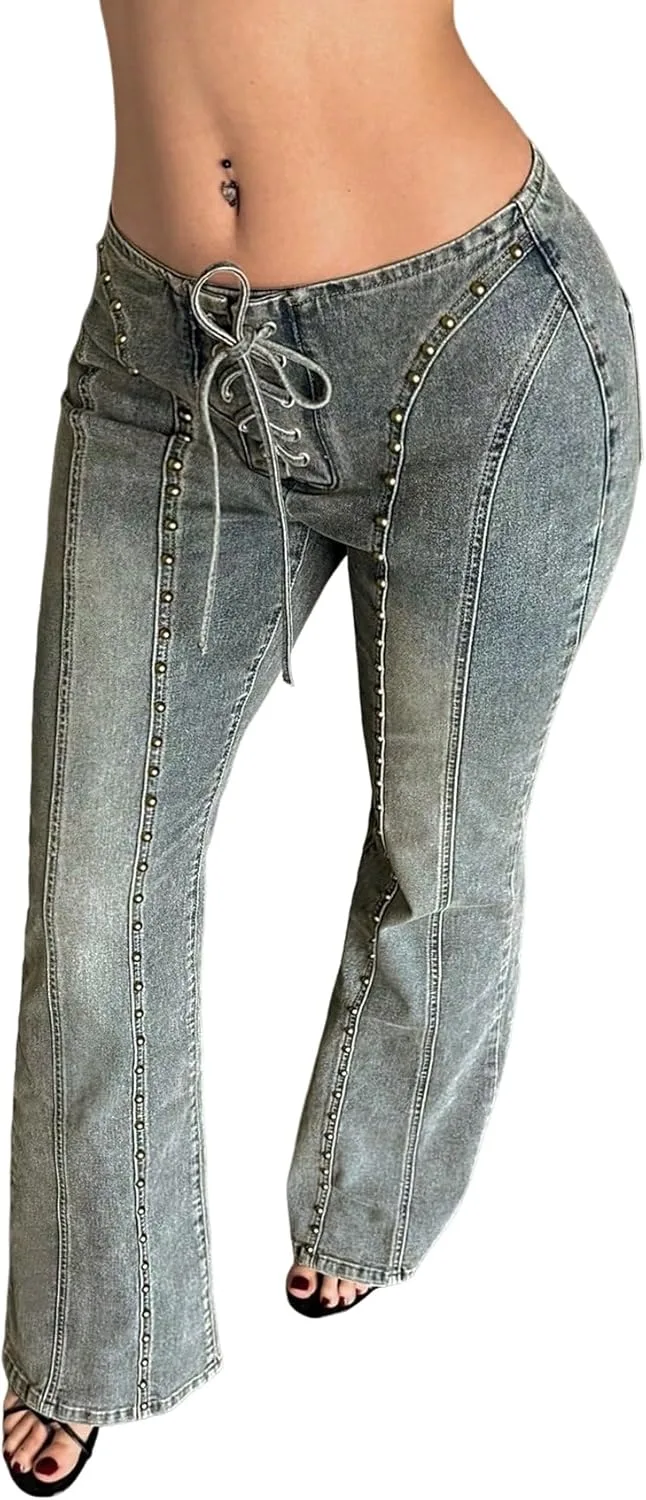 

Джинсы Flare для женщин Vintage с кружевной шнуровкой и низкой посадкой Whrounnk