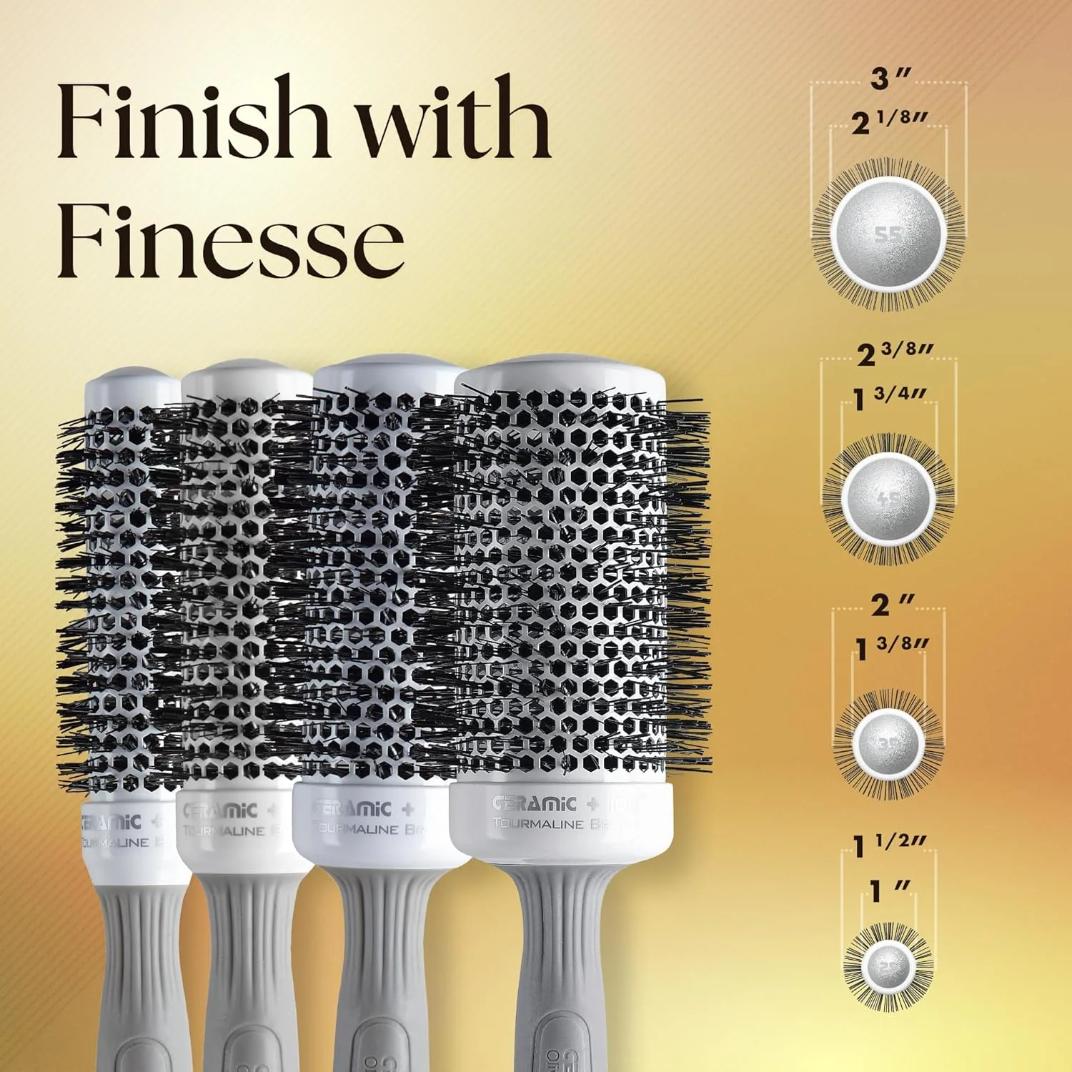 Термощетка для укладки волос Olivia Garden Ceramic + Ion Round Thermal Hair Brush - не электрическая - профессиональная щетка для нормальных и густых волос. Коробка из 4 штук, White/Grey — фото 2