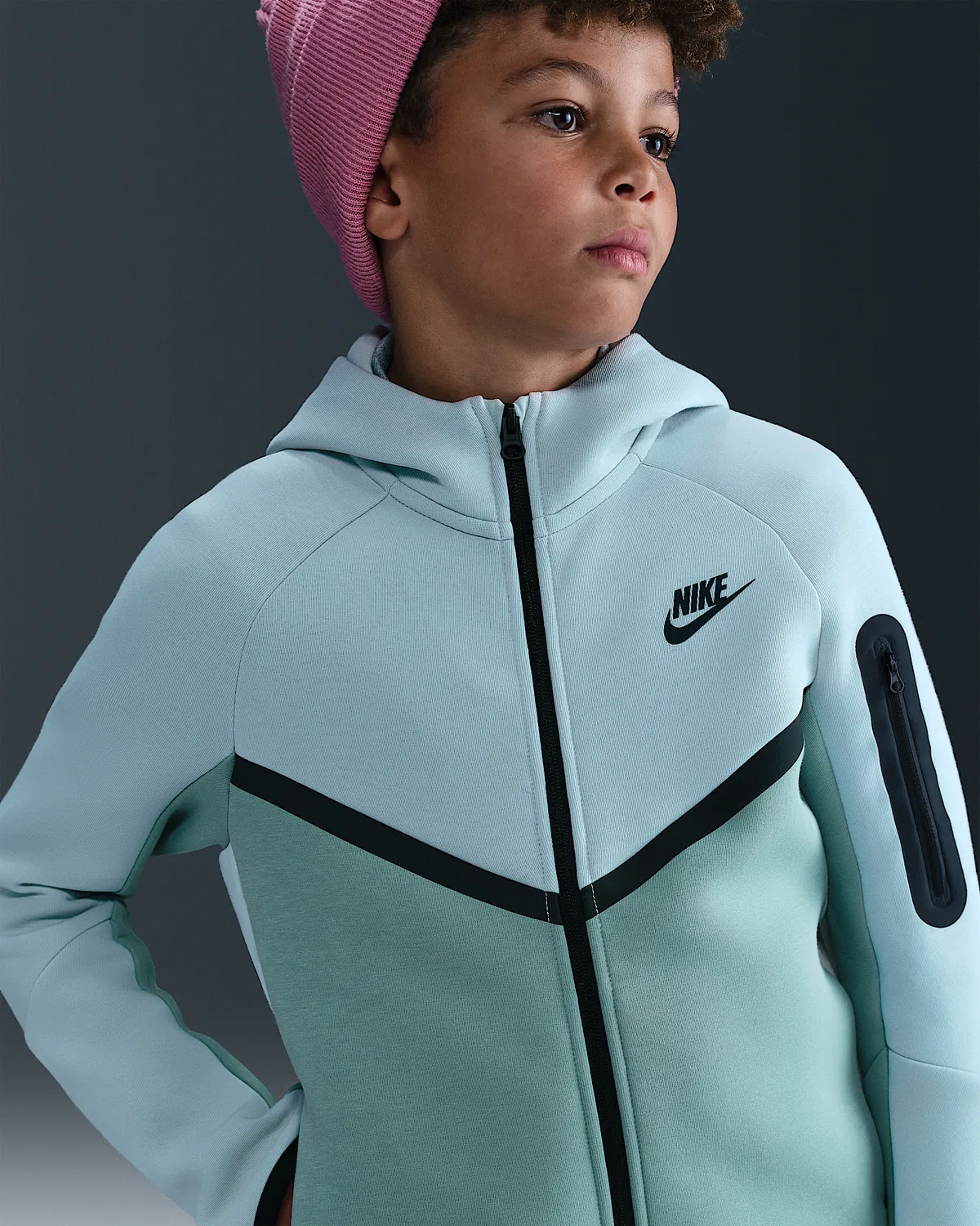 Детская худи Nike Sportswear Tech Fleece на молнии, Light Silver/Cannon/Black/Black — фото 3