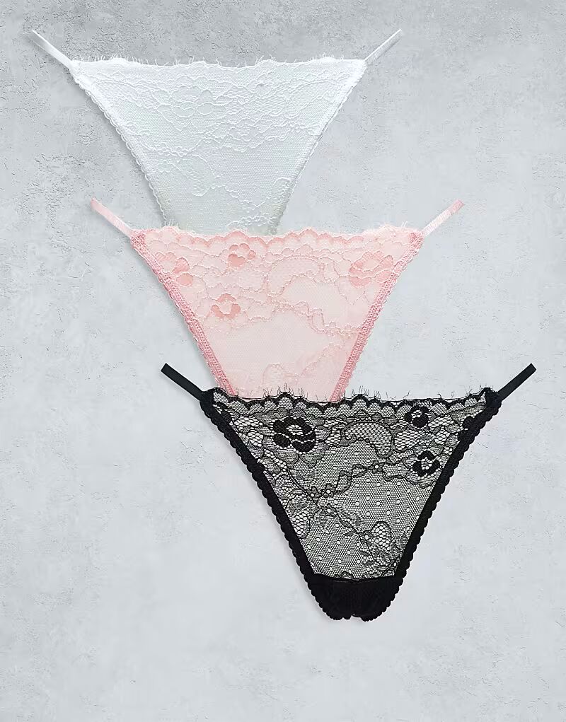 

Комплект из 3 кружевных трусиков-танга ASOS DESIGN черного, белого и пыльно-розового цвета