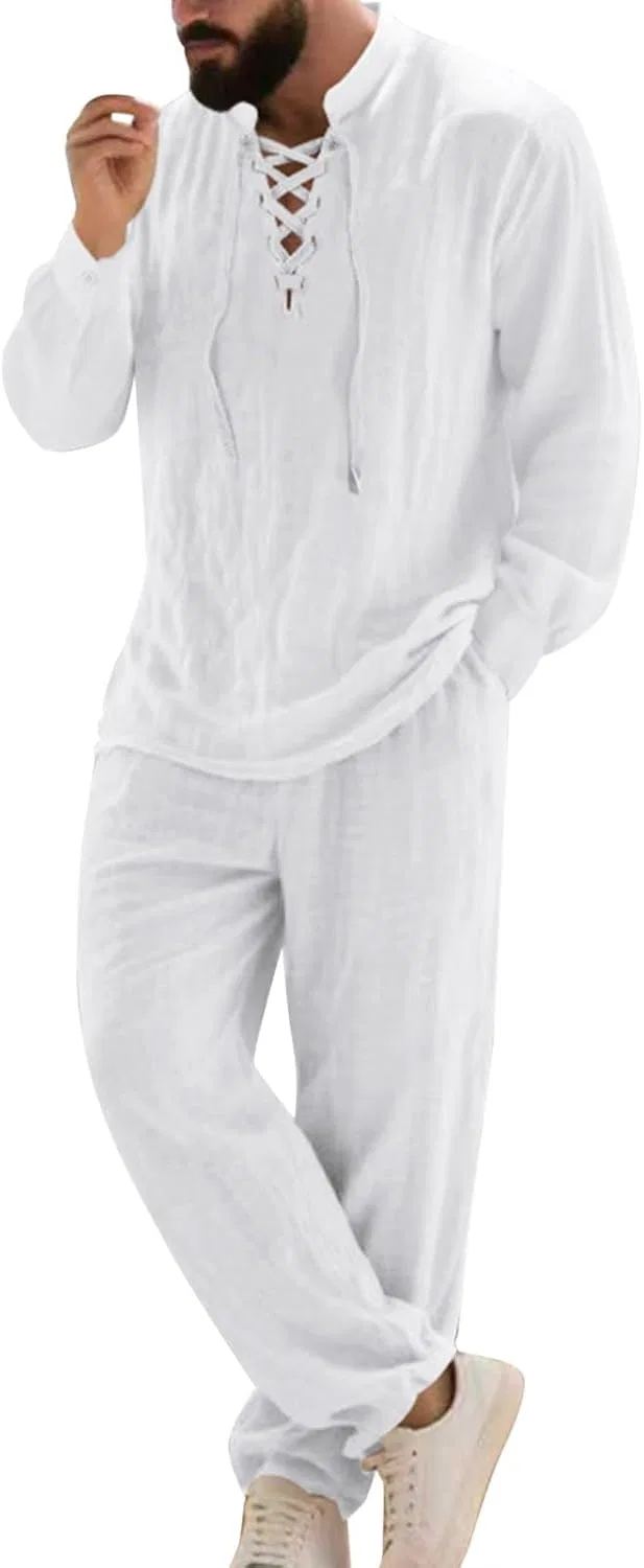 Мужской спортивный костюм из льна, рубашка и брюки, White