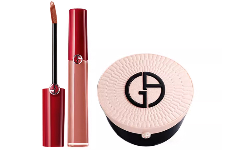 Набор декоративной косметики Giorgio Armani: кушон Limited Bare Powder №2 + жидкая помада Lip Maestro №214 кремовый абрикос — фото 2