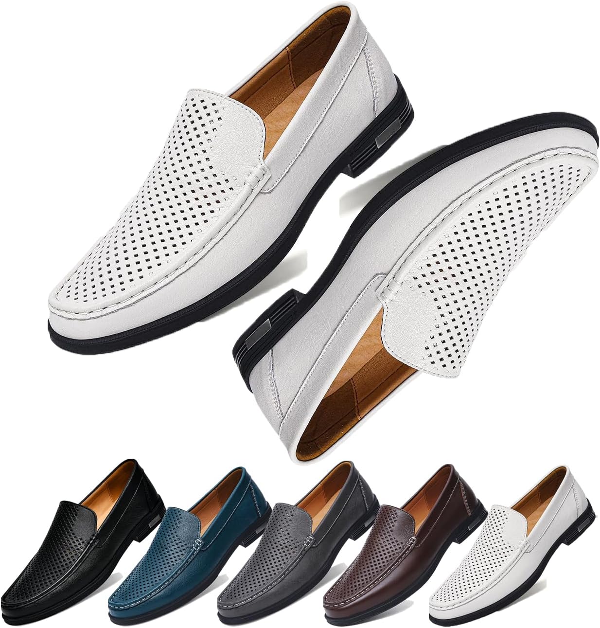 

Стильные мужские слипоны из натуральной кожи, комфортные дышащие лоферы для работы, вождения, офиса и повседневной носки - мягкая подошва, круглый носок, низкий каблук, роскошный дизайн Generic, белый