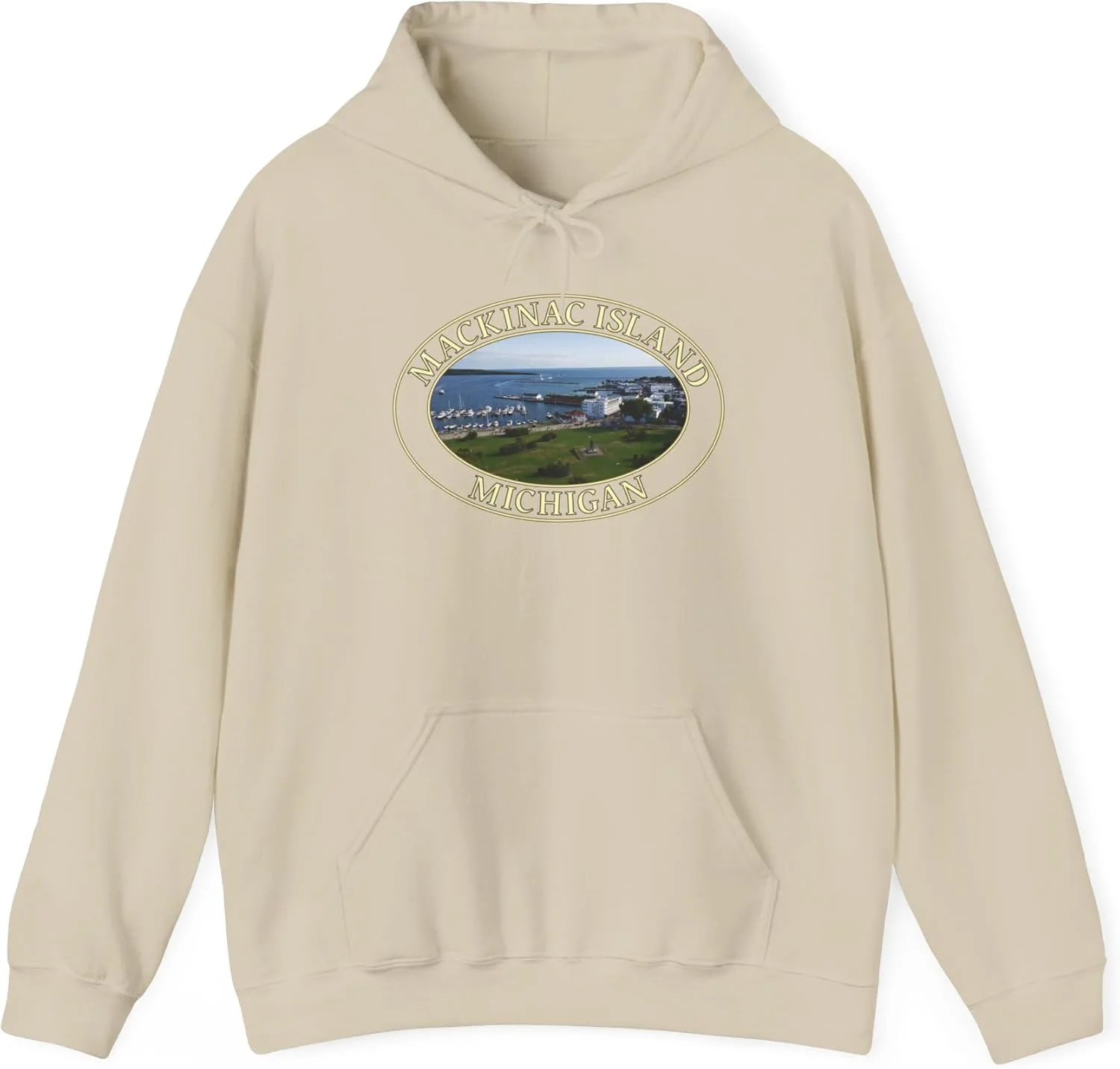 Толстовка с капюшоном с изображением гавани и центра города острова Макинак, штат Мичиган - уютная толстовка из мягкого флиса в качестве сувенира GENERIC, Sand