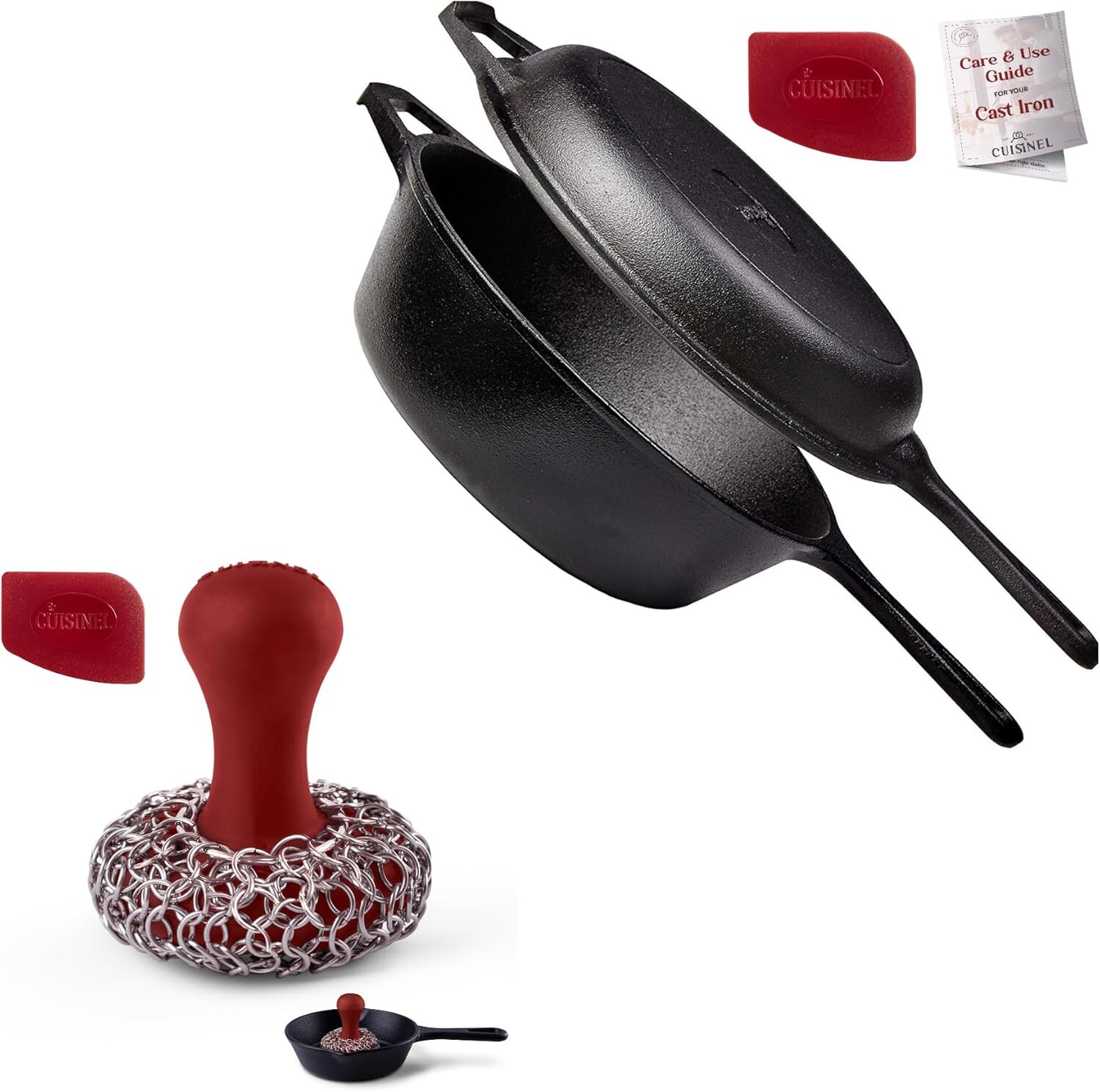 

Чугунная сковорода для кухни + крышка кастрюли + кольчужная скребок — комбинация 3-литровой кастрюли, фритюрницы/голландской духовки 2-в-1 + эргономичного приспособления для чистки кухонной посуды… Cuisinel