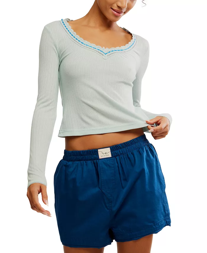 

Женский топ с длинными рукавами и кружевной отделкой Free People, синий