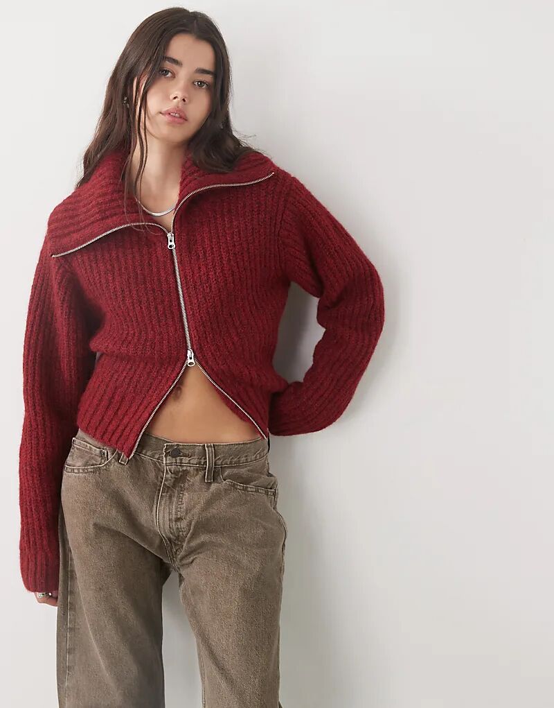 

Кардиган Weekday с объемным ребристым подолом на молнии в цвете бордовый меланж