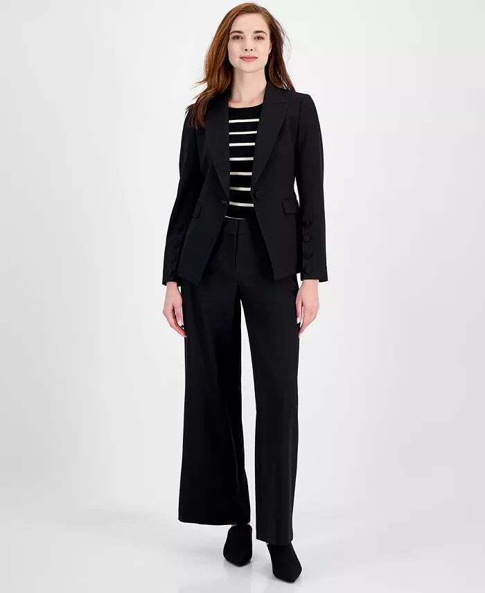 

Женский пиджак с заостренными лацканами на одной пуговице, полосатый трикотажный топ с короткими рукавами и широкие брюки со средней посадкой Tahari ASL, синий