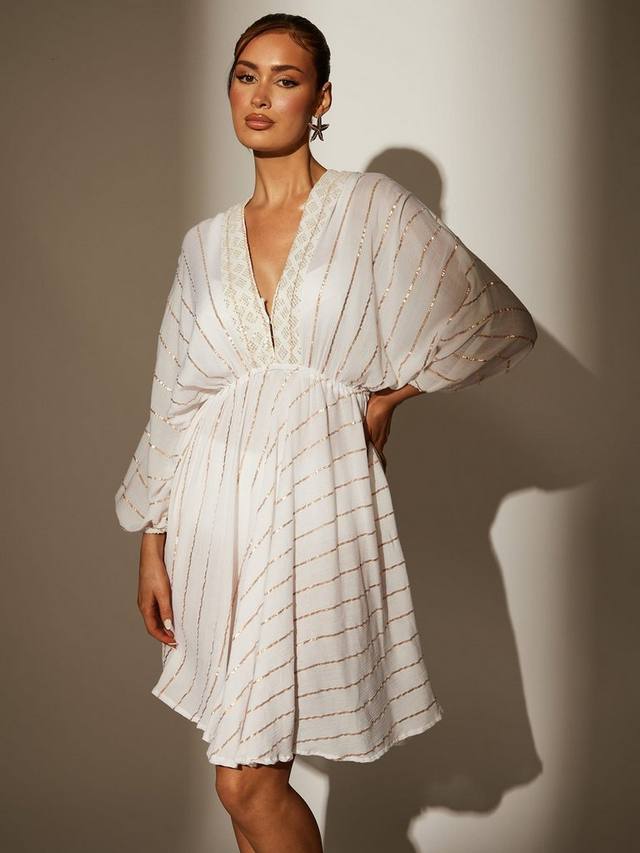 

Мини-платье с v-образным вырезом и металлическими пайетками в полоску South Beach, White