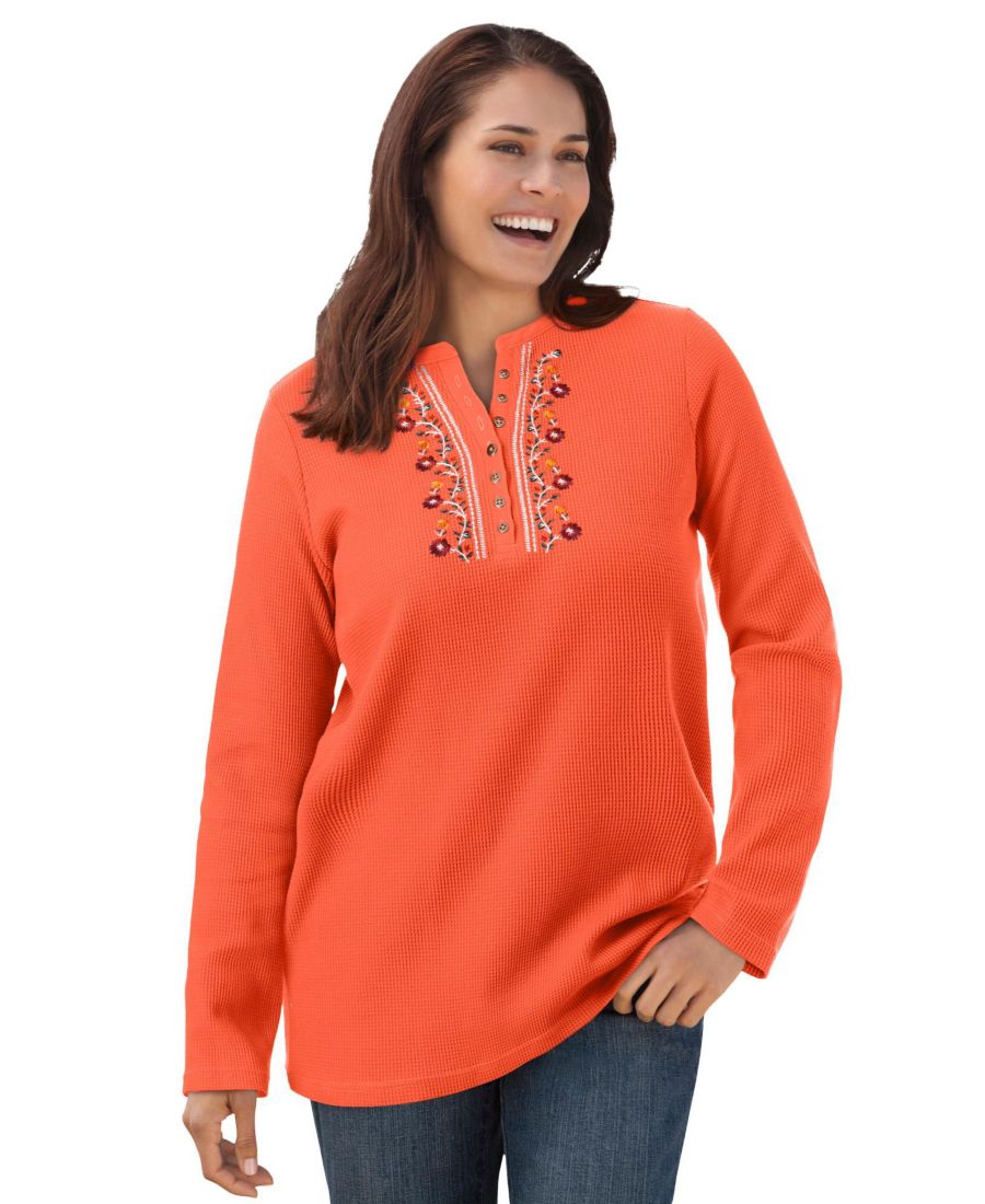 

Женская термофутболка-поло большого размера с вышивкой Woman Within, Pumpkin vine embroidery