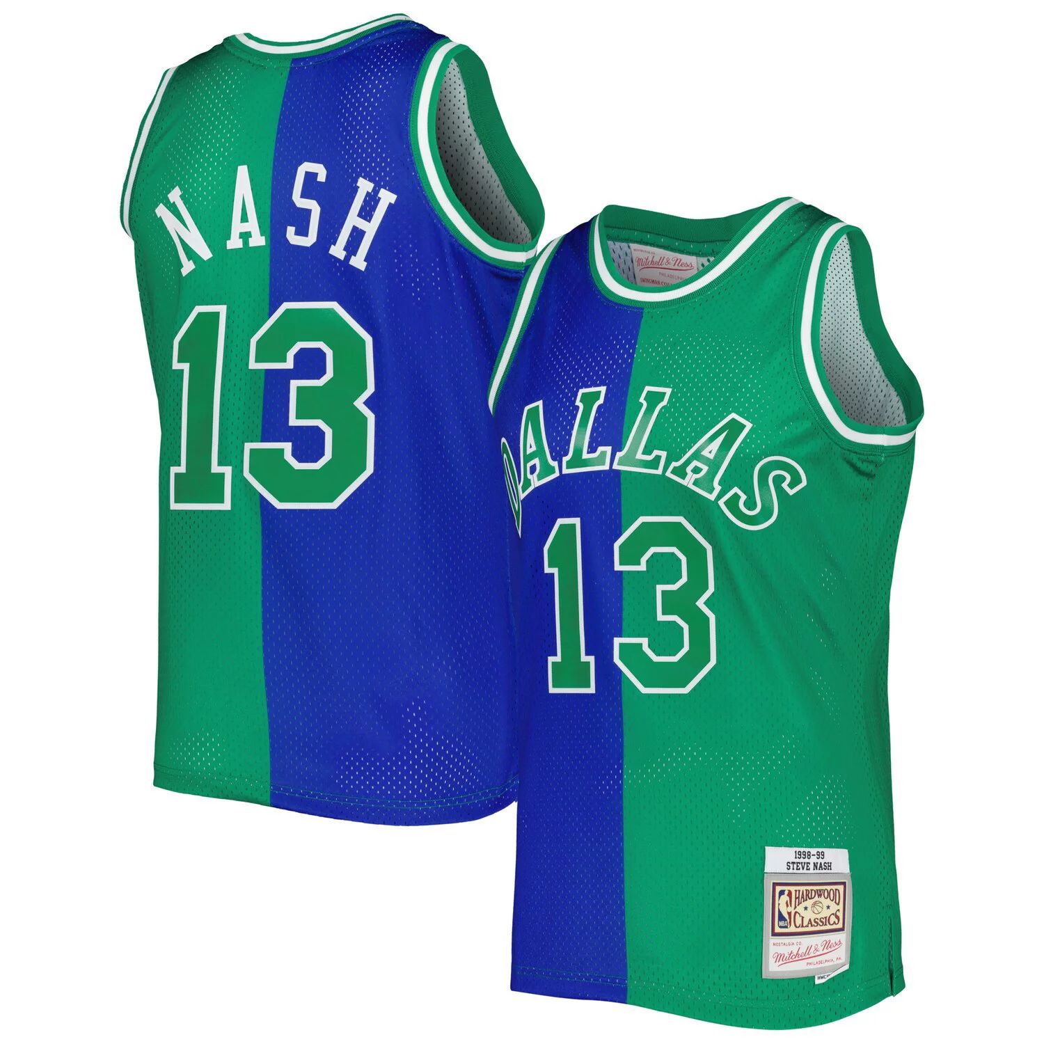 

Мужская синяя/зеленая майка Mitchell & Ness Steve Nash Dallas Mavericks Hardwood Classics 1998-99 Split Swingman