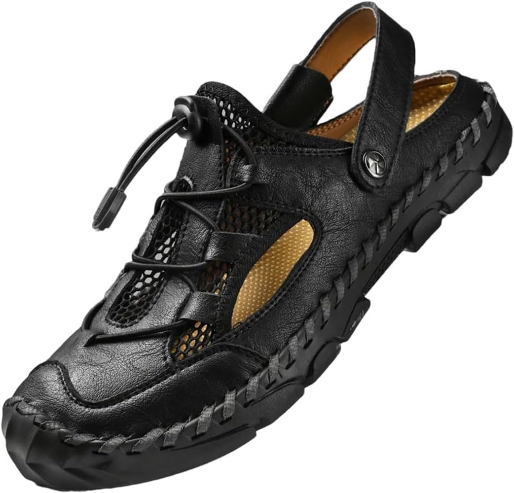 

Мужские классические мягкие кожаные пляжные сандалии, повседневные тапочки, модная легкая обувь с дизайном гладиаторов на липучке Generic, черный