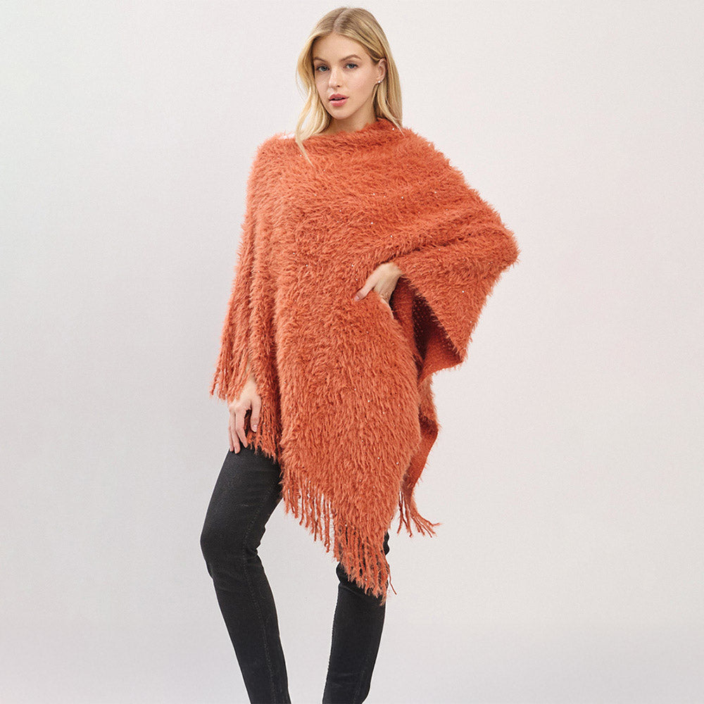 

Пончо из пушистой вязки с бахромой по низу TRUEDAMES, rust