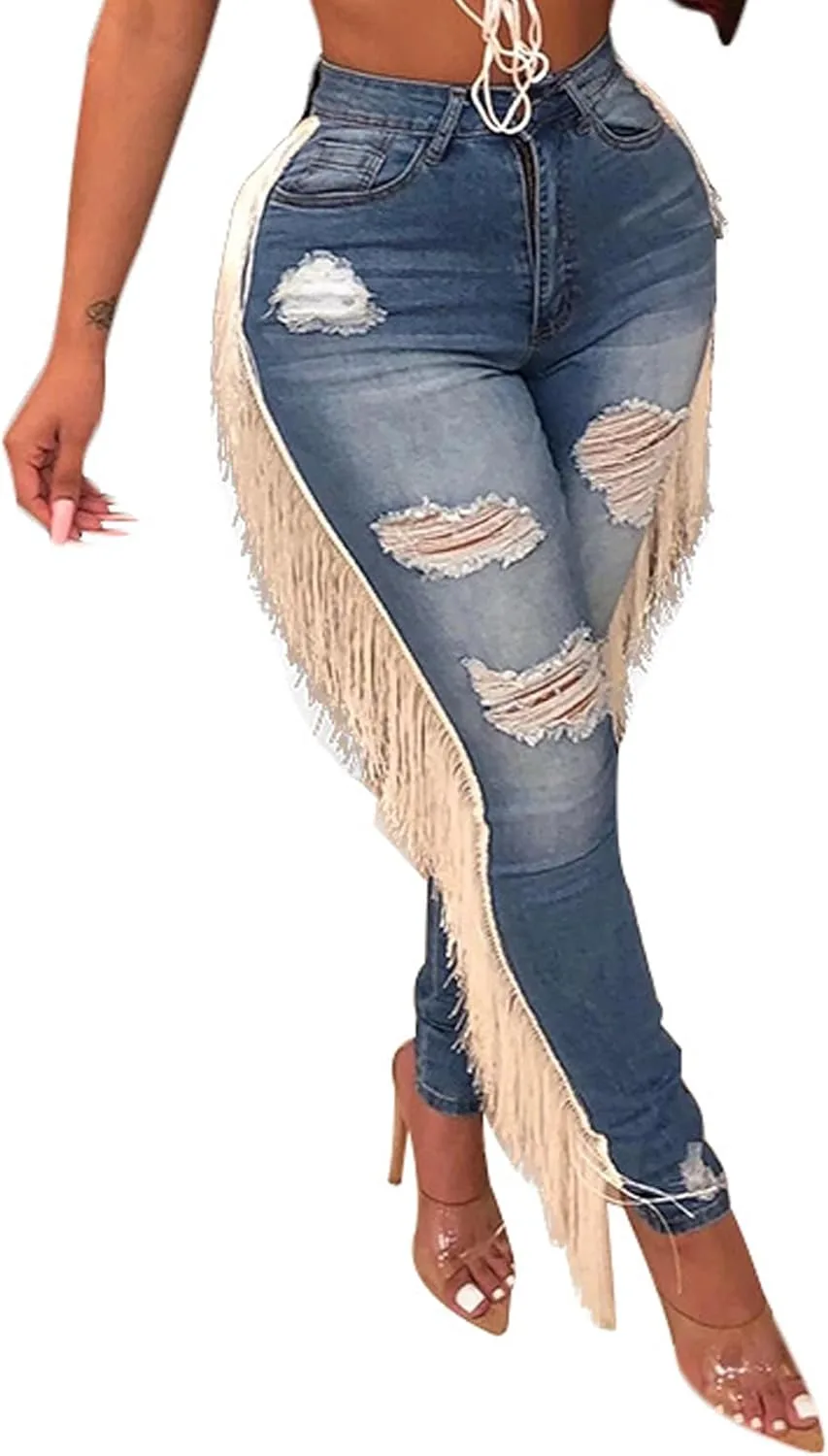 

Женские джинсы с бахромой и потертостями, зауженные, с высокой посадкой Xuideoy