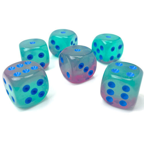 

Аксессуары Chessex Chessex 16mm d6 Set: Gemini Luminary - Gel Green-Pink w/Blue (12)