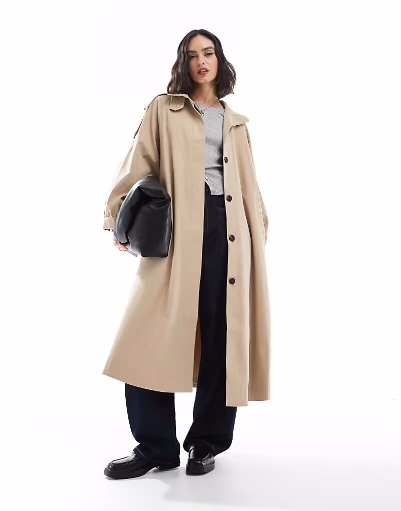 

Длинный тренчкот ASOS DESIGN с воротником-стойкой в ​​каменном цвете