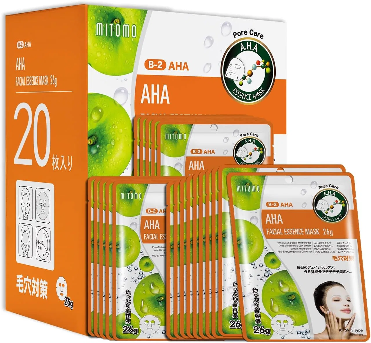 Эссенция Mitomo Skincare — Листовая AHA Facial Essence Mask, увлажняющая, 721 г
