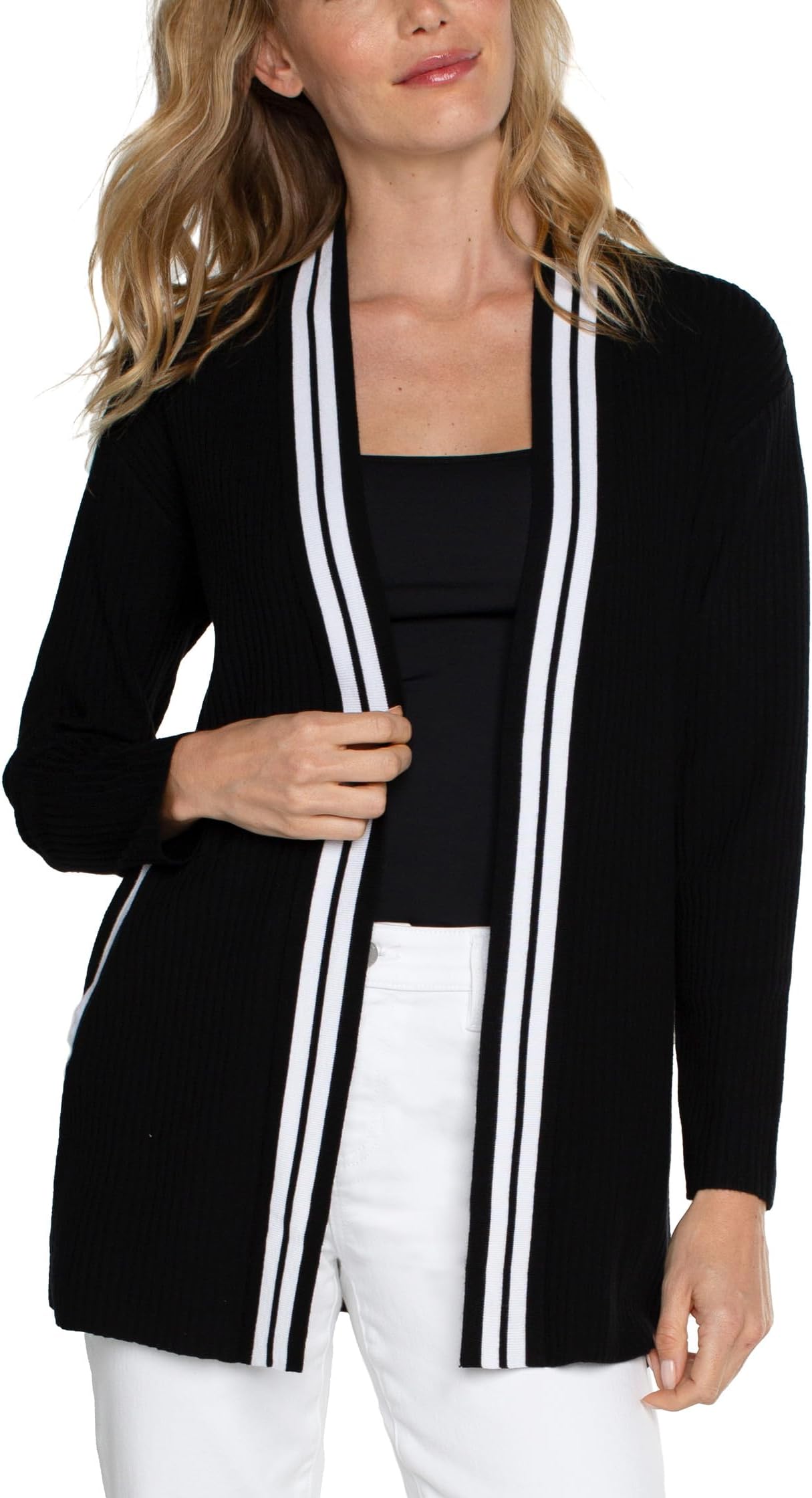 

Свитер Liverpool Los Angeles Long Line Open Front Cardigan Sweater with Novelty Rib Trim, цвет Black/White Contrast