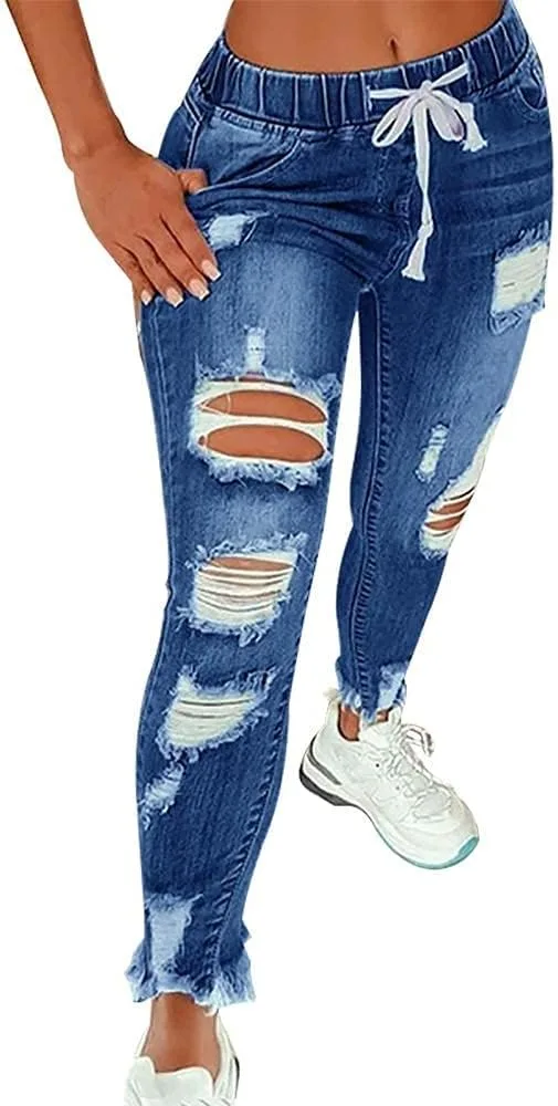 

Женские рваные джинсы High Waist Stretch Skinny Jean Destroyed Denim Plus Size BIUDI FOX