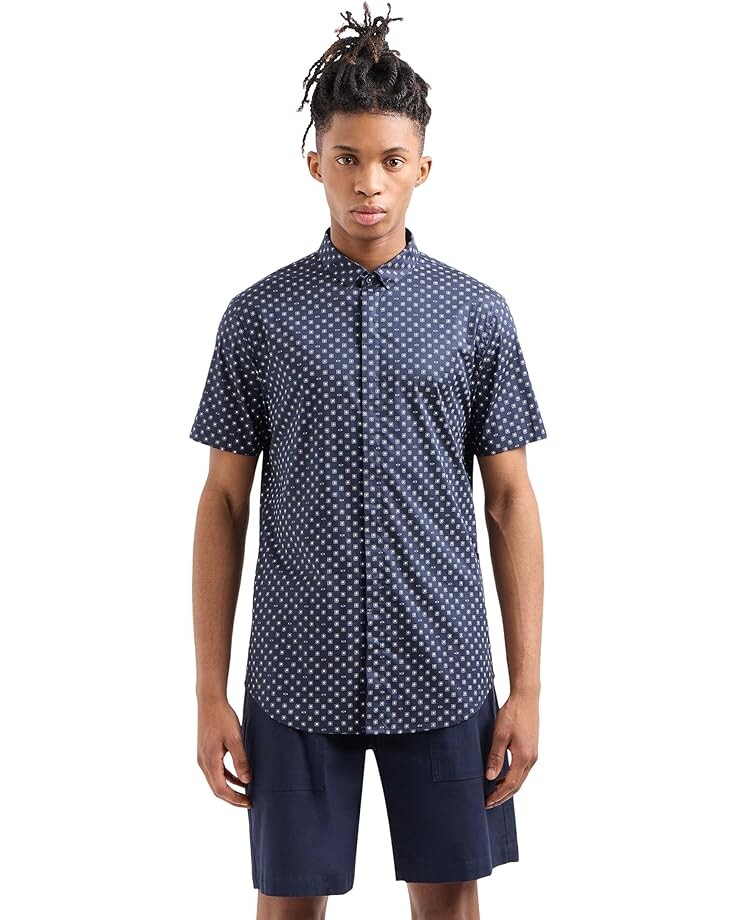 

Рубашка Armani Exchange Slim Fit Short Sleeve AX Text Print Button-Down, цвет Navy Blazer Rhombus Lines