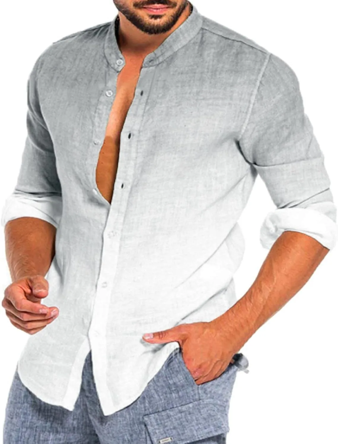 

Мужская рубашка Henley с пуговицами, Casual, длинный рукав, постепенная смена цвета, комфортный Slim Fit