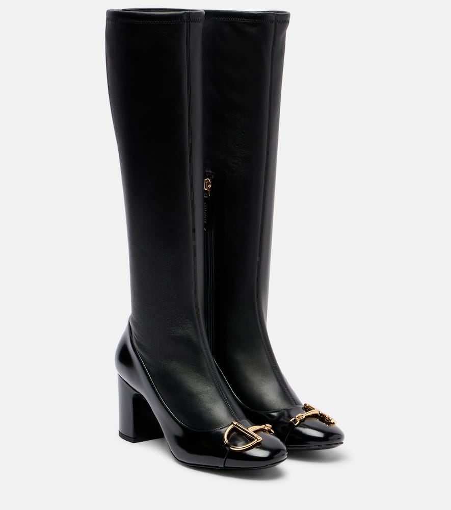 Ботинки Alfa Horsebit 75 до колена из кожи Gucci, Black/Black