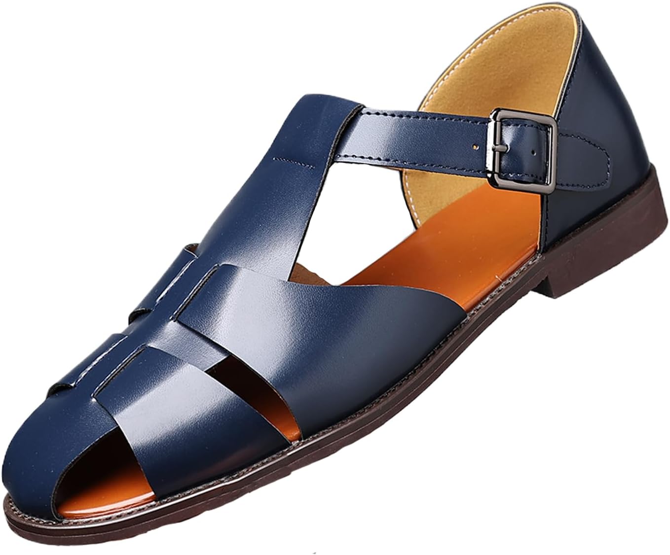 

Мужские кожаные босоножки с открытой подошвой и пряжкой, удобные с круглым носком, дышащие, с низким каблуком, противоскользящие римские сандалии для отдыха, работы и вождения Fifilapin, Bule