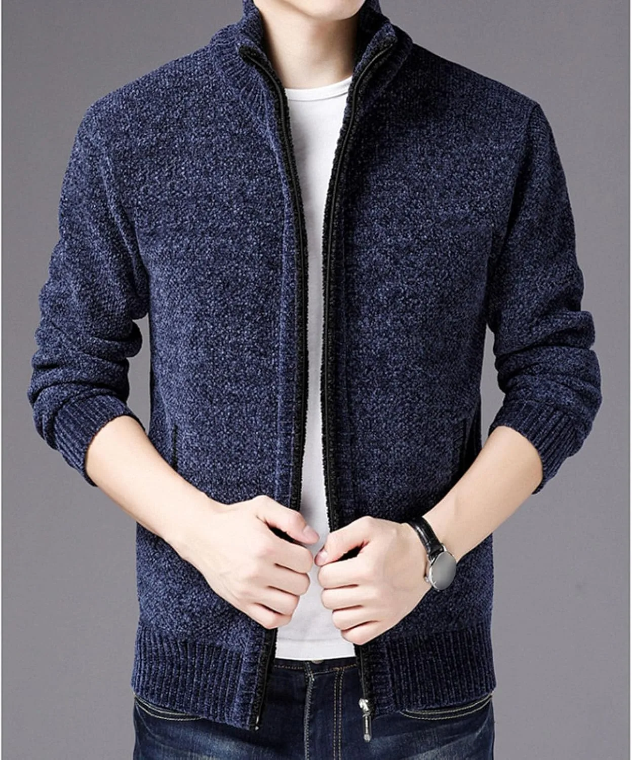 Мужской кардиган с воротником стойкой, Slim Fit, на молнии, с кабельной вязкой и карманами — фото 3