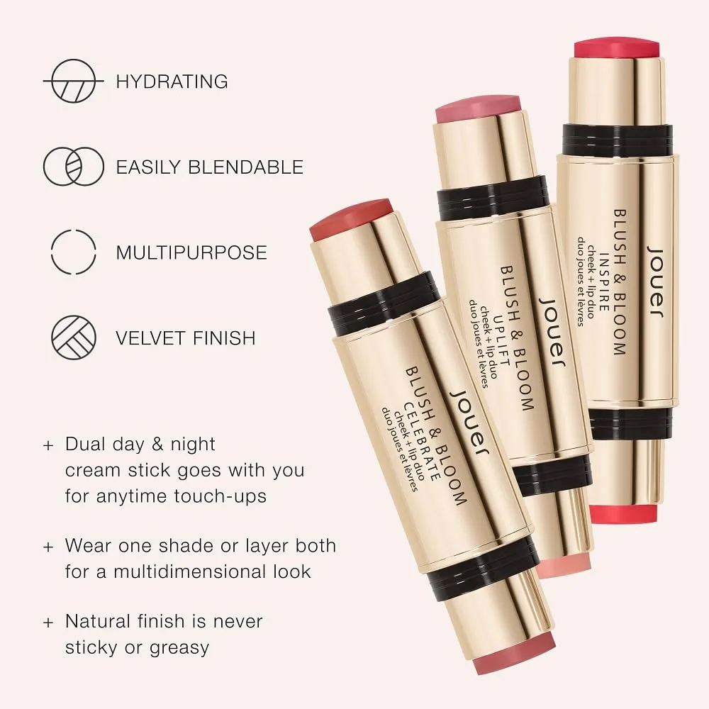 Румяна и бальзам для губ Jouer Blush & Bloom Cheek + Lip Duo - увлажняющий кремовый стик-румяна для губ и щек - формула с увлажняющим маслом шиповника и сквалана, Inspire, Inspire - Bright Poppy and Vibrant Coral — фото 2