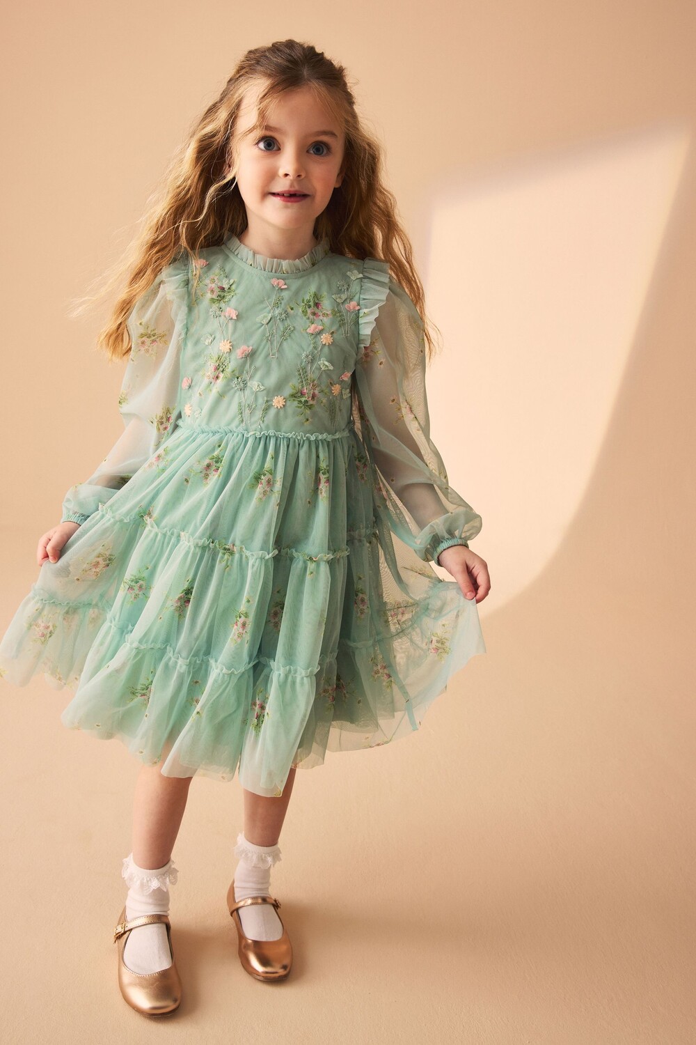 

Платье из сетки с длинными рукавами и ярусами Laura Ashley, зеленый