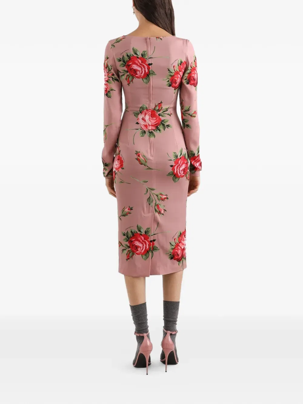 Платье миди с длинными рукавами и цветочным принтом Dolce & Gabbana, розовый — фото 3