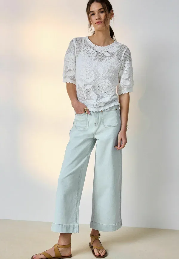Джинсы Regular fit, Next, wide leg, с накладными карманами, укороченные, широкие, цвет выбеленный синий — фото 2