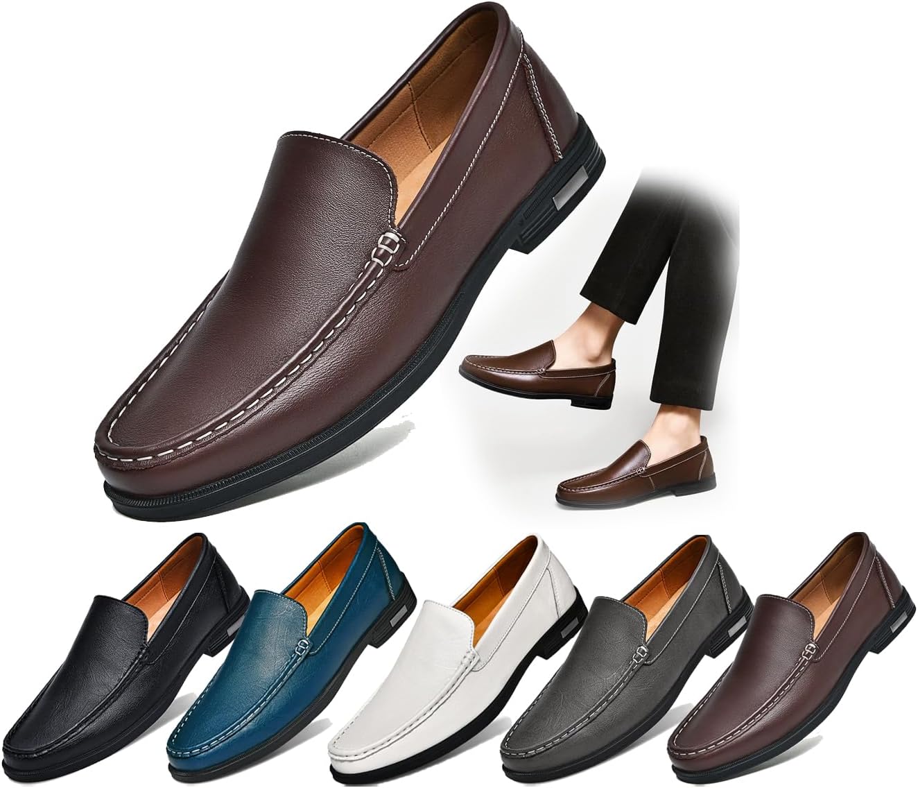 

Стильные мужские слипоны из натуральной кожи, комфортные дышащие лоферы для работы, вождения, офиса и повседневной носки - мягкая подошва, круглый носок, низкий каблук, роскошный дизайн Generic, коричневый