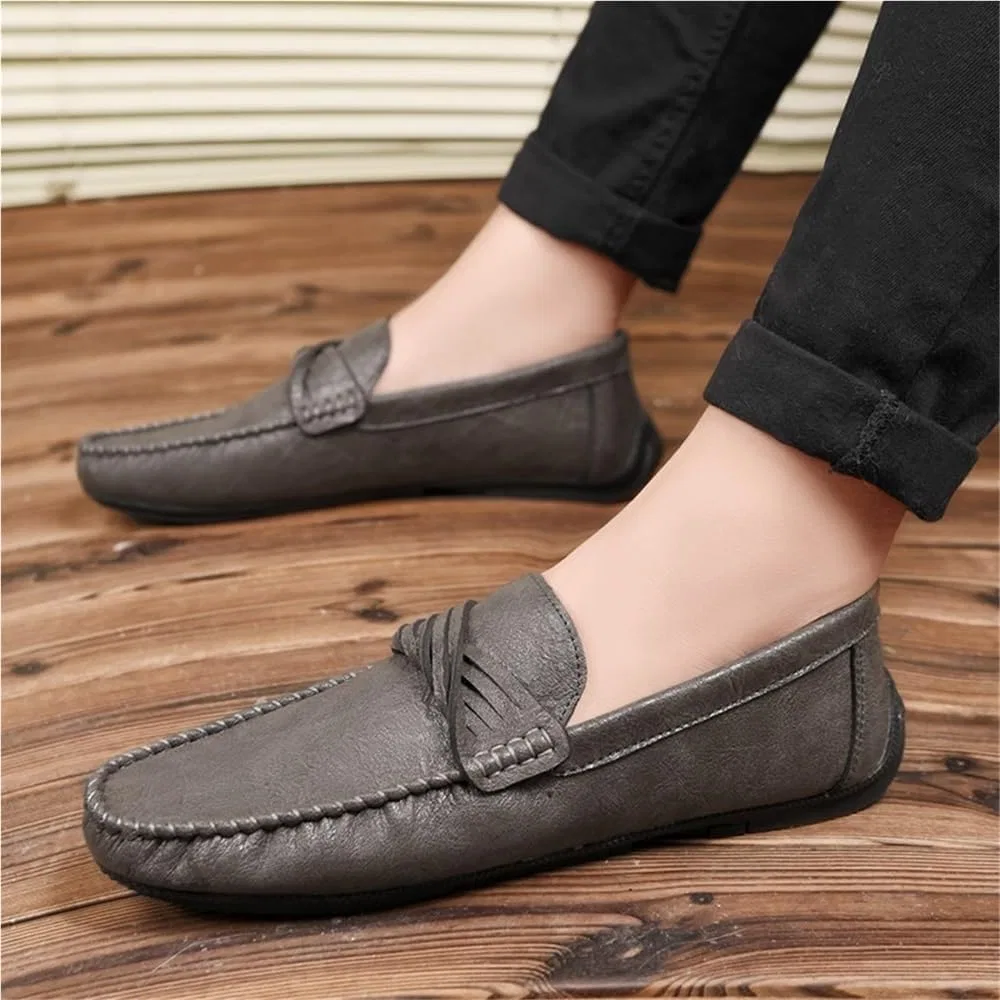 Мокасины кожаные Mens Vegan Leather Loafers Slip-On Round Toe Moccasins Anti-Slip Flat Heel, серый DHFIRUFSHLO — фото 3