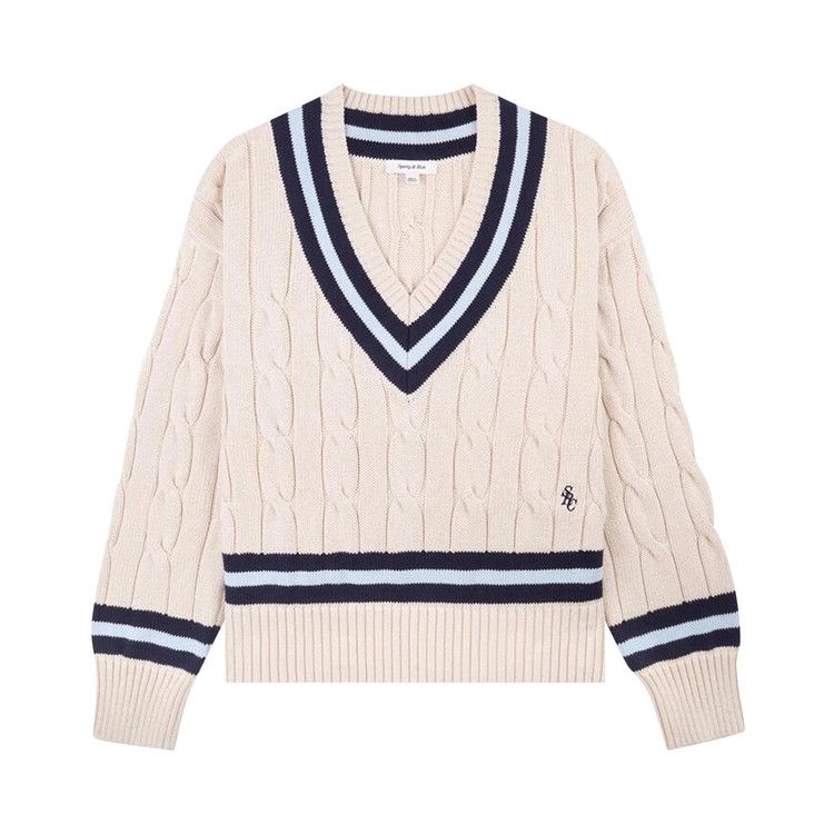 

Свитер Sporty & Rich SRC Cableknit V-Neck Sweater, Ecru/Dark Navy/Ciel