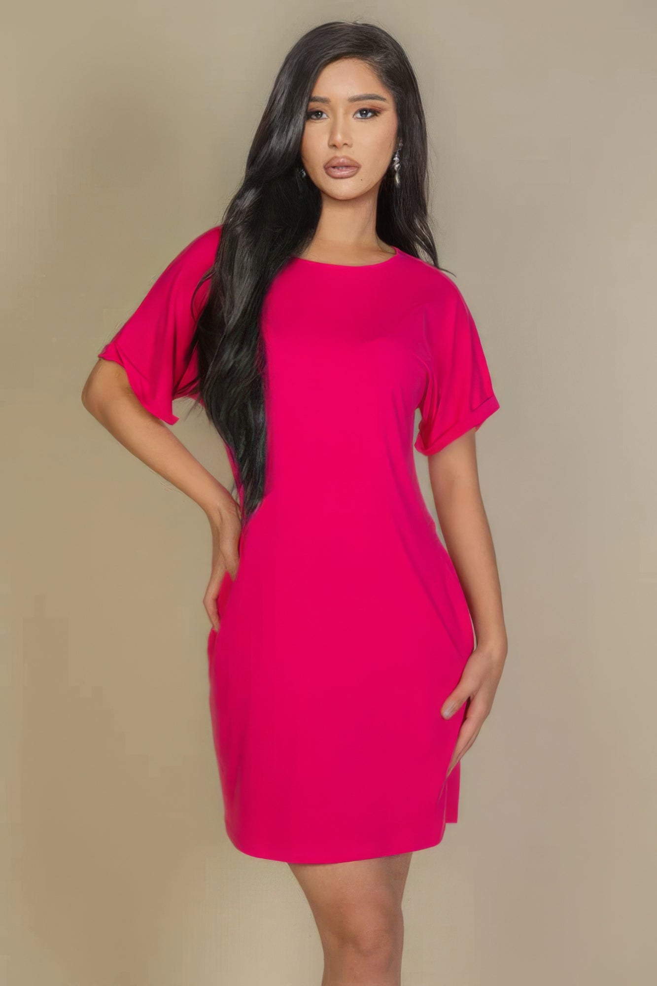 

Мини-платье с боковыми карманами и двойными складками FASHNZFAB, фуксия
