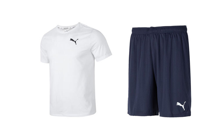 

Повседневный спортивный мужской костюм белый топ + темно-синие шорты Puma, белый