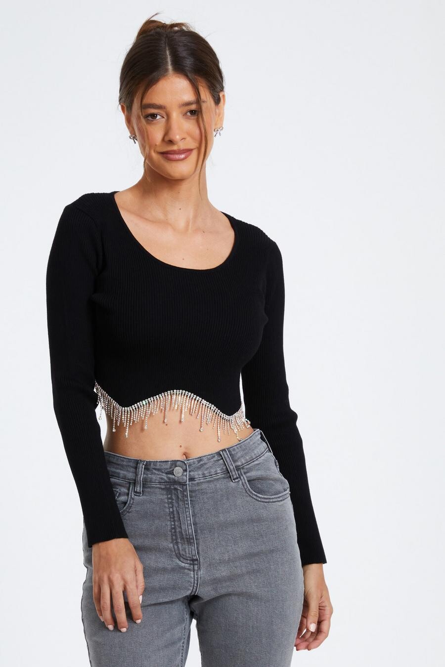 

Черный трикотажный топ со стразами QUIZ Clothing
