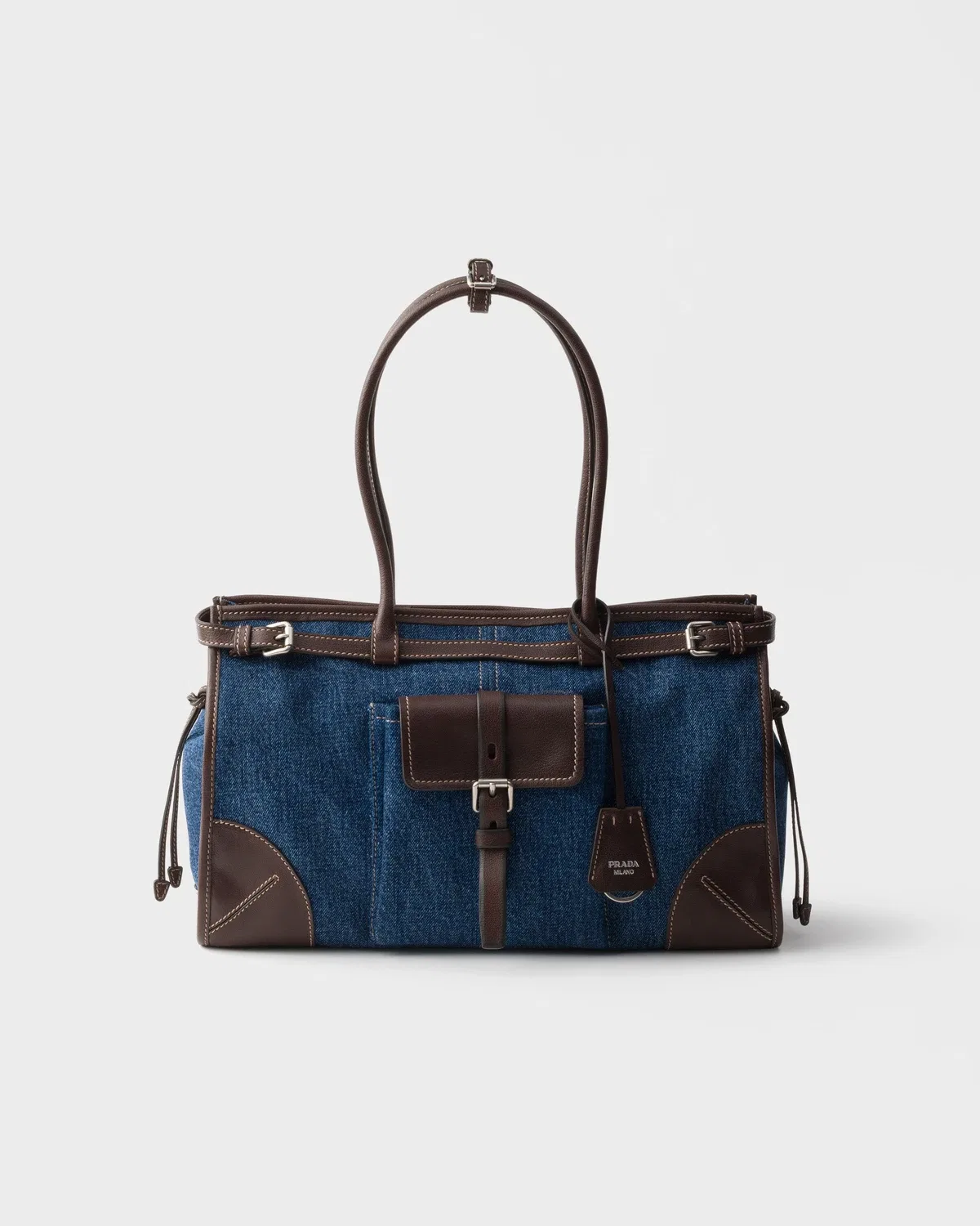 Большая джинсовая и кожаная сумка Prada Bonnie, синий