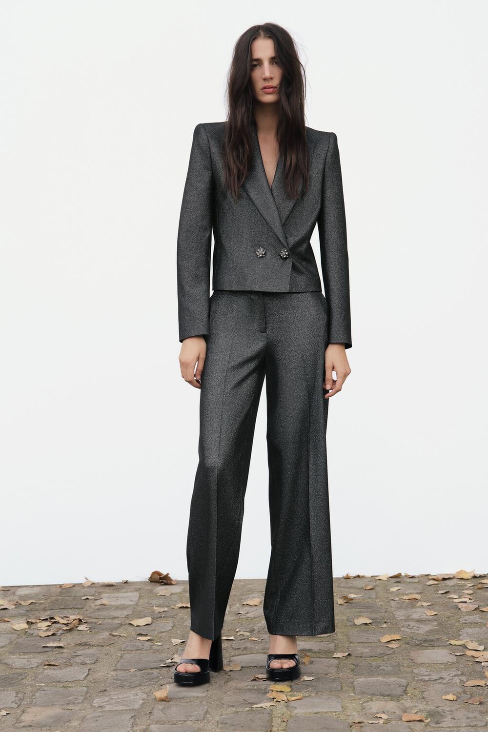 

Блестящие прямые брюки ZARA, черный/серебристый