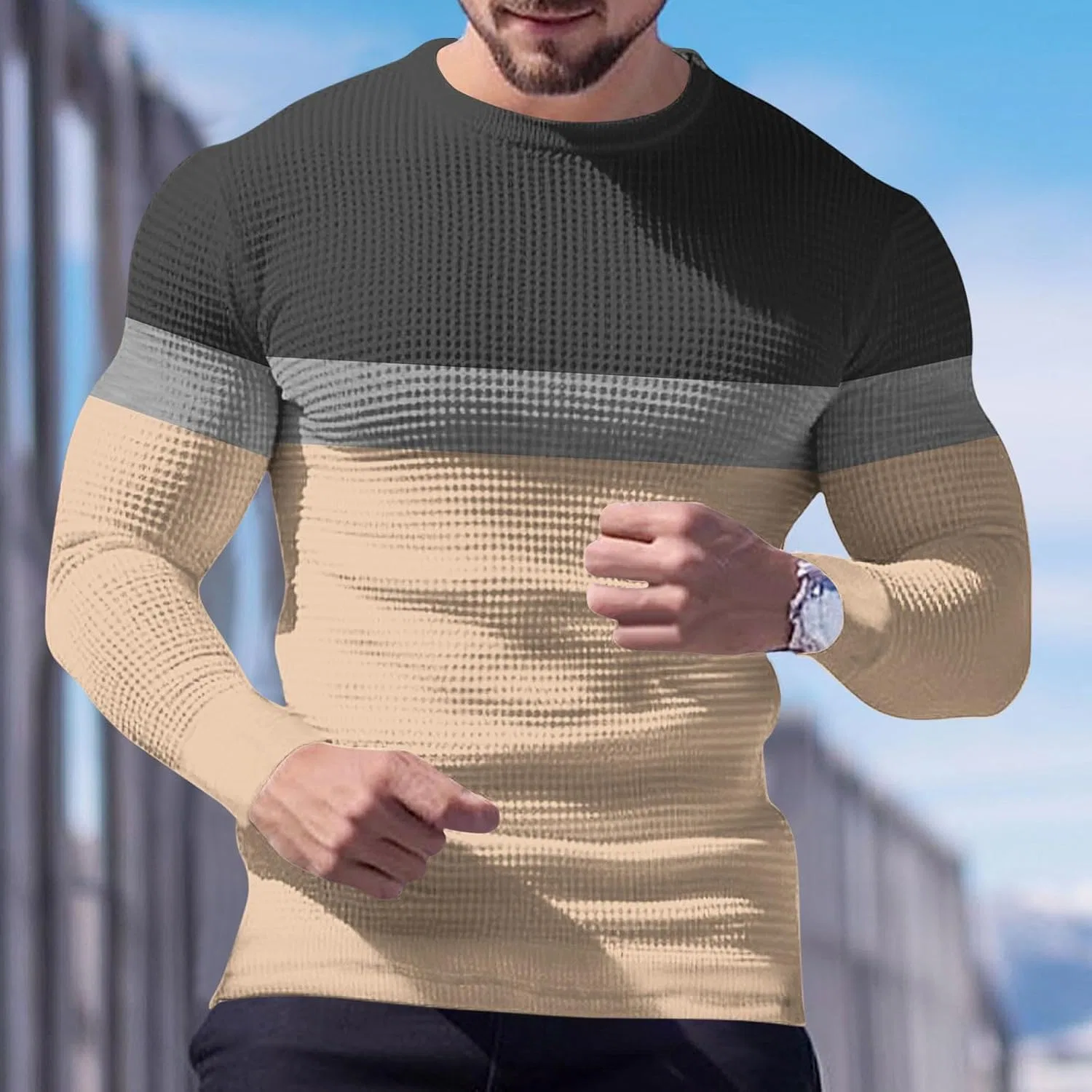 Футболка с длинным рукавом мужская цветная вставка, Beige — фото 3