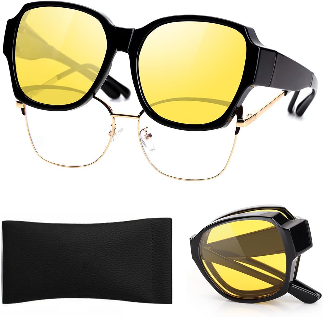 

Очки для вождения в ночное время, поляризованные, с антибликовым покрытием, для мужчин и женщин, складные, увеличенного размера, желтые линзы VUEECLAT, Black Frame/ Yellow Lens