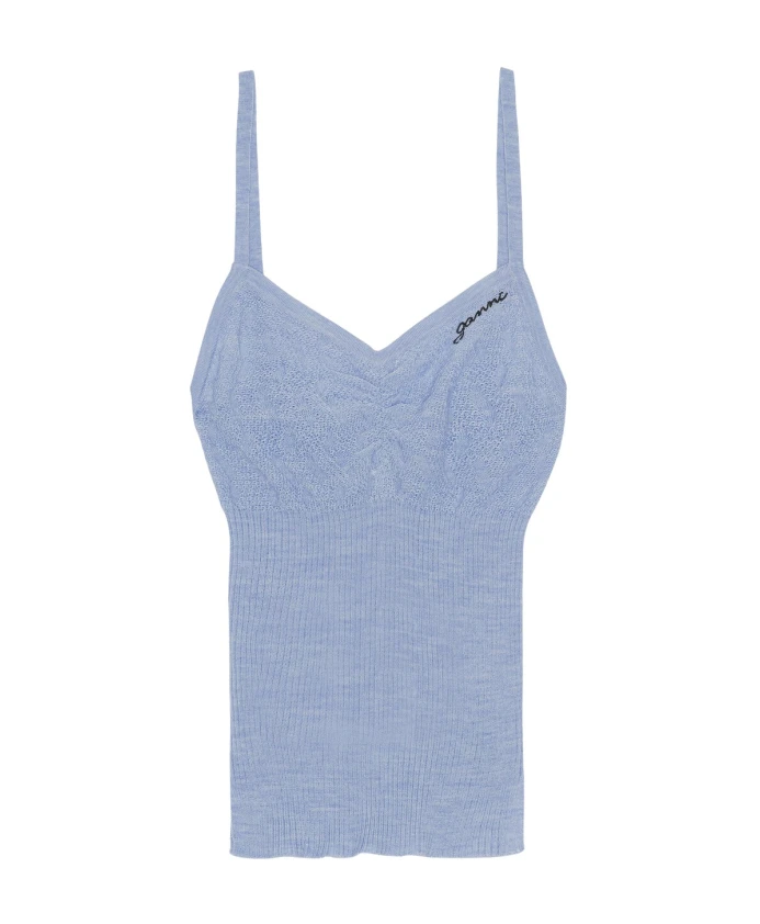 

Топ из мериносовой шерсти на кружевных бретелях Ganni, синий
