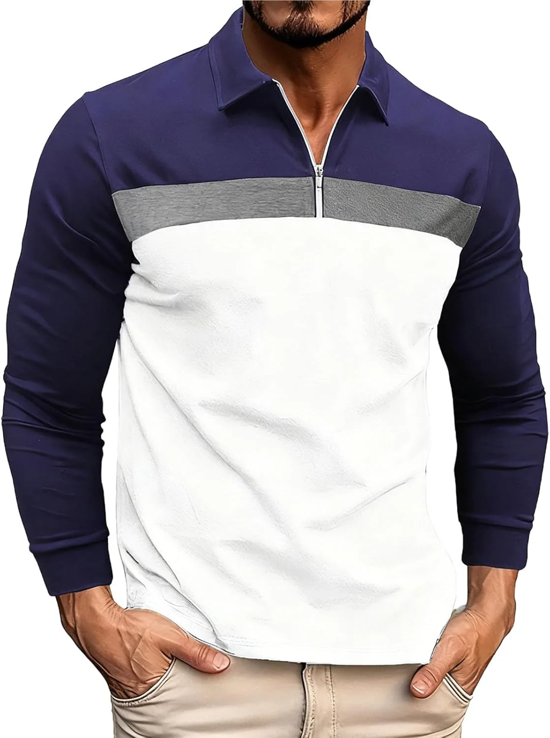 

Мужская футболка поло с длинным рукавом и цветными блоками Xiaojmake