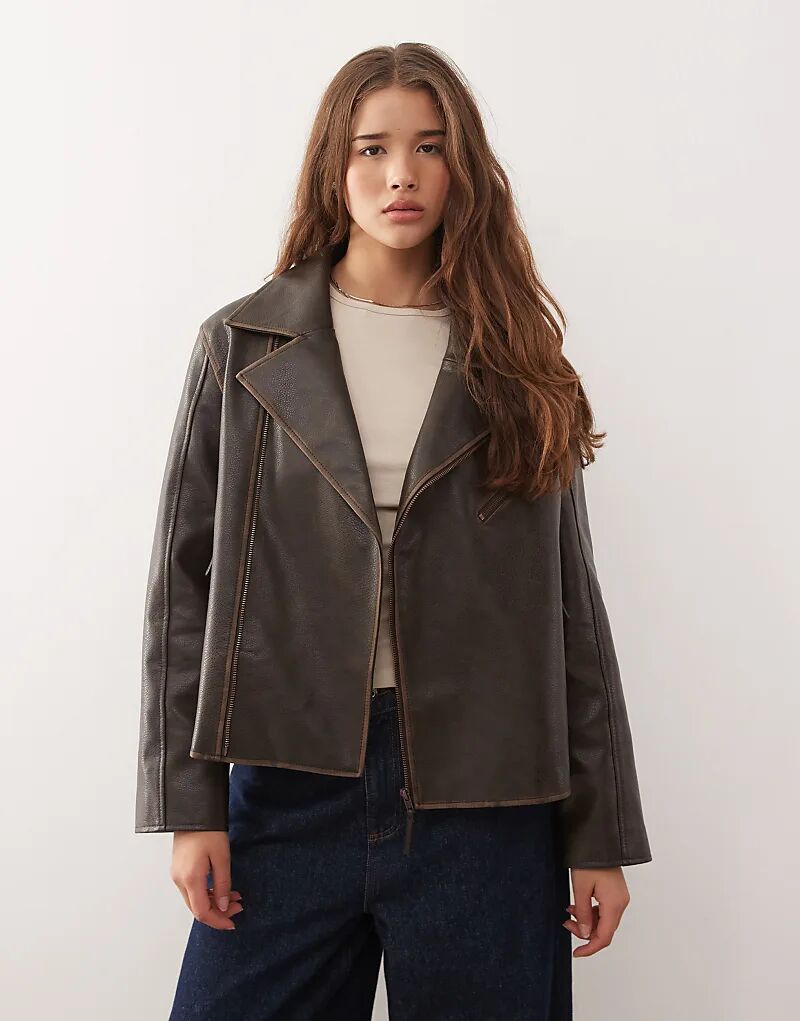 

Куртка свободного кроя из восстановленной винтажной кожи шоколадно-коричневого цвета